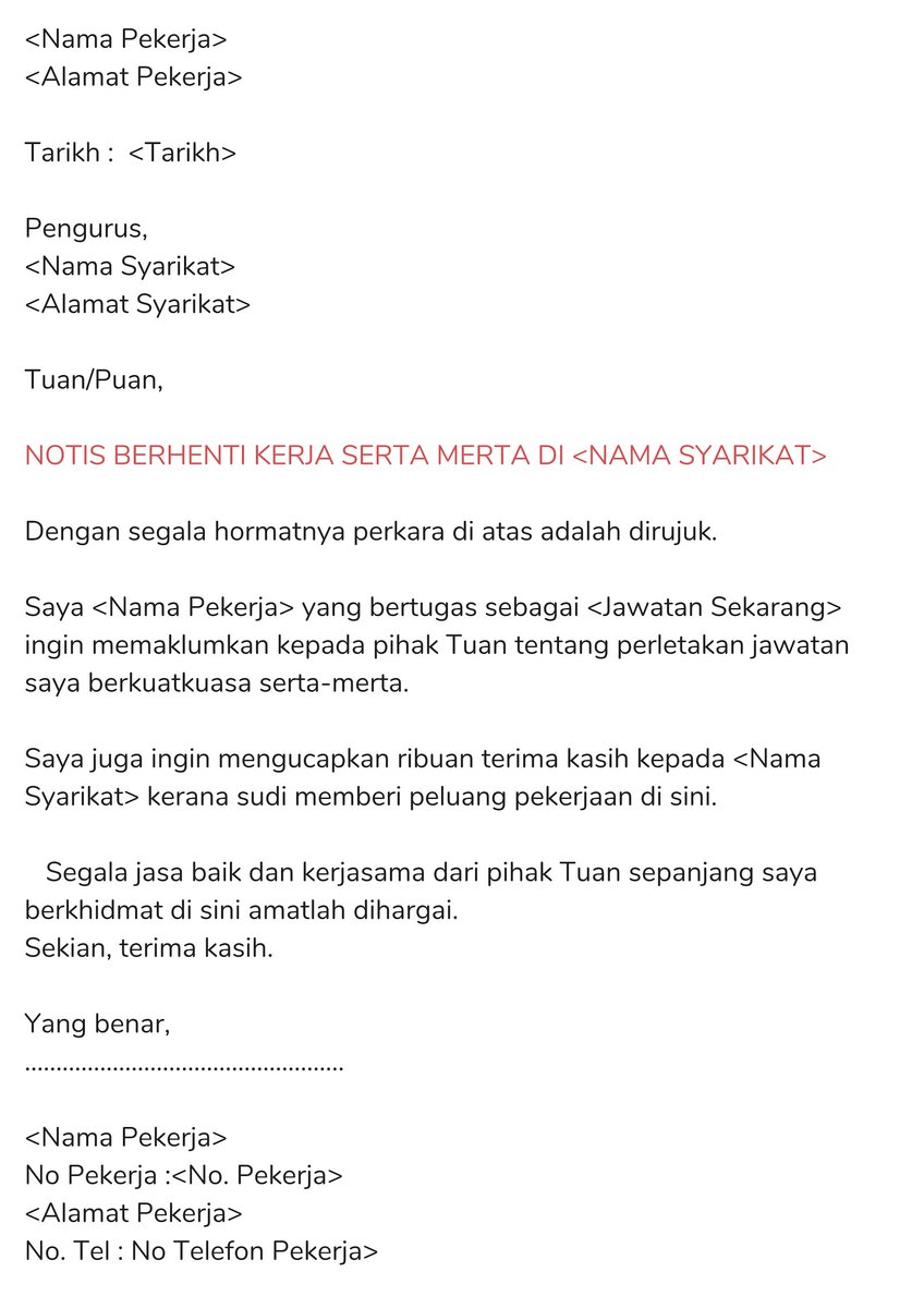 Maukerja On Twitter S T Co Aygvp2cvhm 6 Contoh Template Surat Berhenti Kerja Dalam Bahasa Malaysia Notis Sebulan Notis 24 Jam Notis Serta Merta Notis Menyambung Pelajaran S T Co Eid0tacs3n