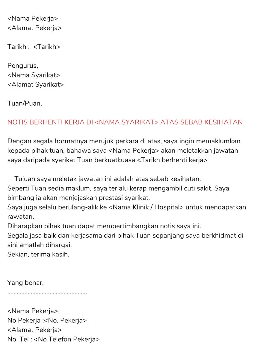 Contoh Surat Berhenti Kerja 24 Jam Dalam Bahasa Melayu
