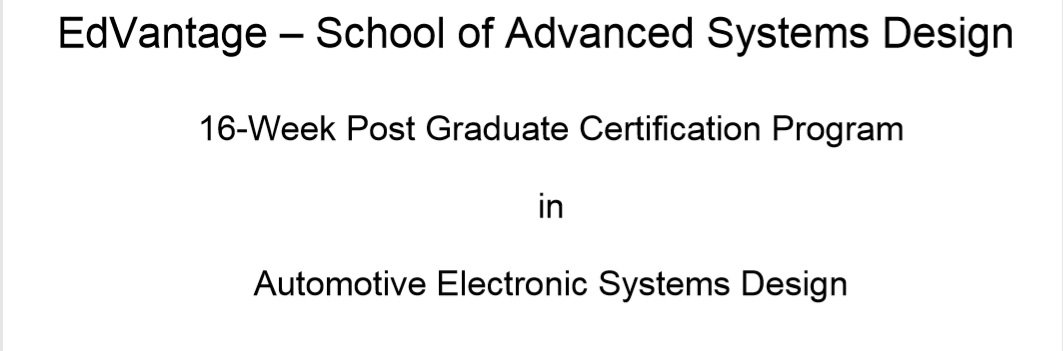 Edvantage_SED's tweet photo. Welcome to The Future of Systems Engineering.
The EdVantage Certification Program in Automotive Electronics System Design !!
For details; https://t.co/NwR5FcV8jt https://t.co/RvZhCotGgC