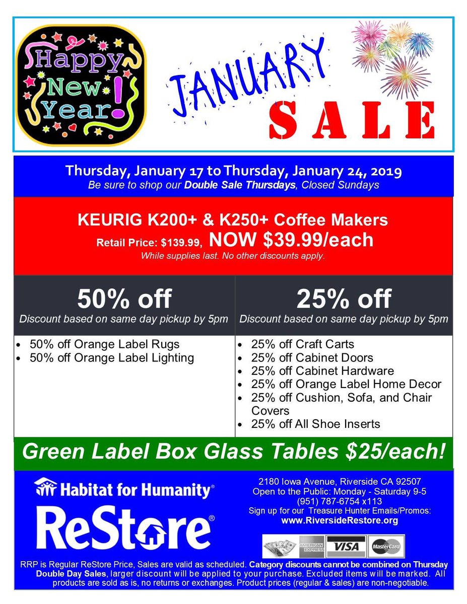 Your <a href="/HFHRiverside/">Habitat Riverside</a> ReStore weekly sale drops tomorrow, and remember, Double Sale Thursdays are still a thing! Come on Thursdays and take advantage of both week's sales!

Happy shopping!