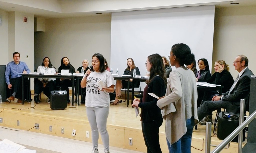 TeensTakeCharge's tweet photo. We spoke at the #CEC2 meeting tonight about the moral imperative to integrate specialized (and all) high schools. We thank the many parents in the crowd who supported us, and we invite more of you to please stand with us. ❤ https://t.co/57GPMKjxxl