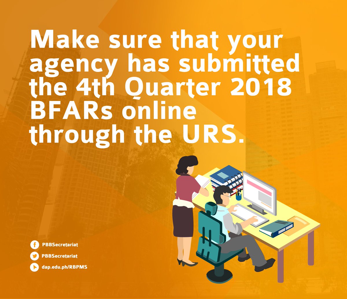PBBSecretariat's tweet photo. Regularly submit your agency Budget and Financial Accountability Reports #BFARs to the @DBMgovph through the Unified Reporting System #URS. The timely submission of BFARs is one of the General Administration and Support Services #GASS requirements for the #FY2018PBB. https://t.co/QOrQFeOmyt