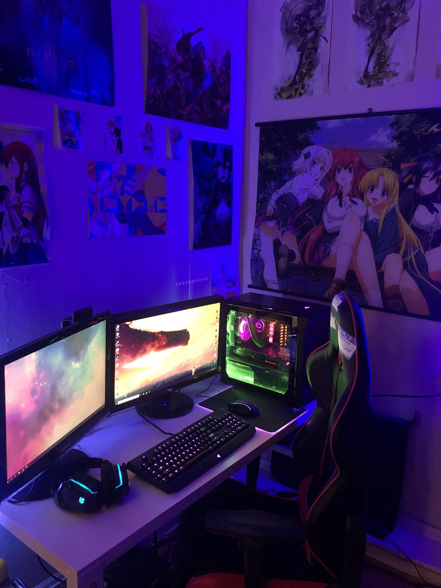 Talkin bout glow ups? I went from a cracked laptop with a melted bottom (not pictured here) to a desktop and piano stool for a chair (also not pictured here) and eventually to my current set up #dualmonitors #leds