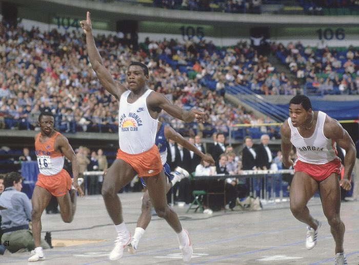 Super70sSports's tweet photo. Carl Lewis edges out Herschel Walker in a 1983 track meet. Now let’s see him try running with a football and 11 dudes trying to tackle him. Advantage: Herschel. https://t.co/5BKUBf2tGH