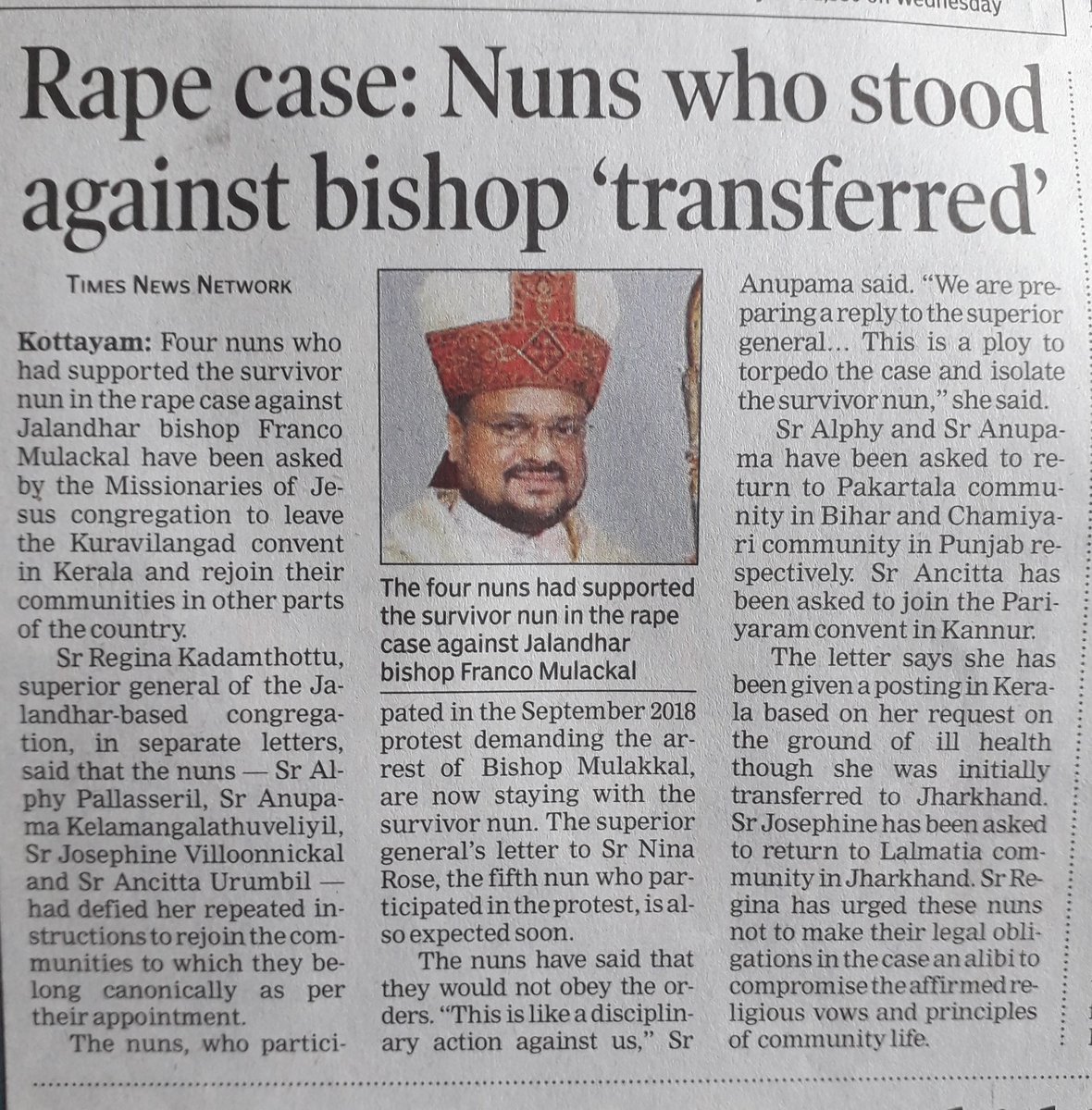 tinucherian's tweet image. This is absolutely ridiculous.  Witness priest dies in mysterious circumstances. Vendatta transfer aganist nuns who supported the survivor nun. Why isn&apos;t the bail of rapist Bishop not cancelled yet? This is a shame for both humanity and Christianity. #BishopFranco