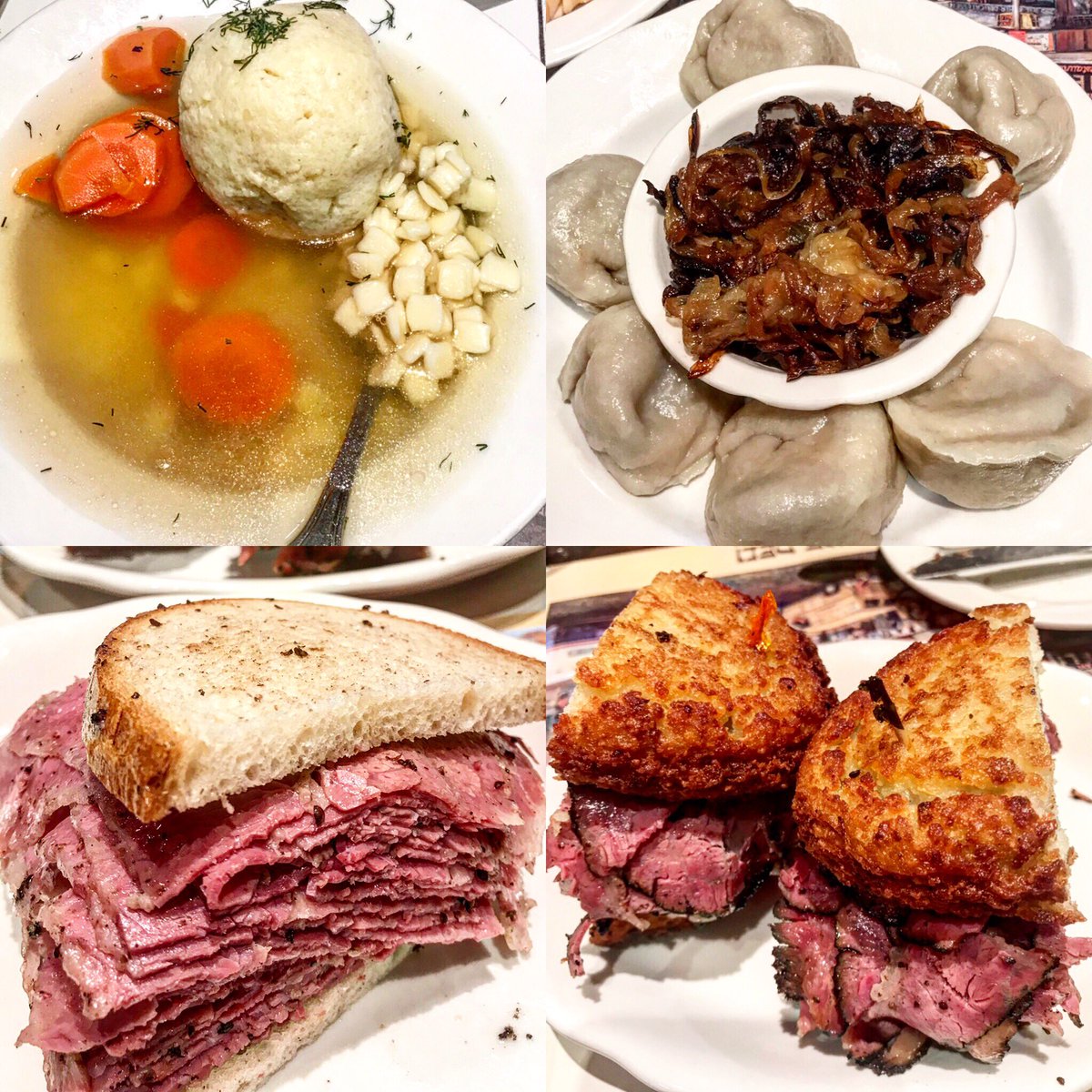 RetroManNYC's tweet photo. A night out at the #2ndAveDeli. We did some damage. #kreplach #matzohballsoup #cornedbeefonrye #pastrami #latkes #OyThatsDelicious #NYC https://t.co/qQ6vI95hyx