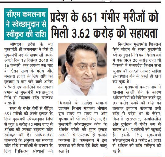 मुख्यमंत्री मान. कमलनाथ जी ने 651 गंभीर मरीज़ों को उपचार हेतु 3.62 करोड़ रूपये की सहायता राशि स्वीकृत की है।
—शिवराज द्वारा ख़ज़ाना ख़ाली करने के बाद भी मुख्यमंत्री कमलनाथ जी ने पीडितों के लिये राशि का बंदोबस्त किया और आगे भी वचन निभाते रहेंगे।
जनता के साथ,
कांग्रेस का हाथ।