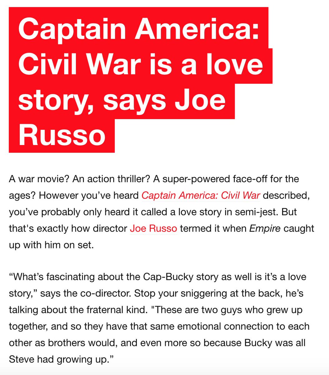  I leave you with this: the writers & directors call Steve & Bucky's relationship "a love story" & "soulmate[s]."It is, of course, paired with "platonic" & "brotherly" (as oxymoronic as that sounds) but I DEEPLY love them for always supporting fans' interpretations.