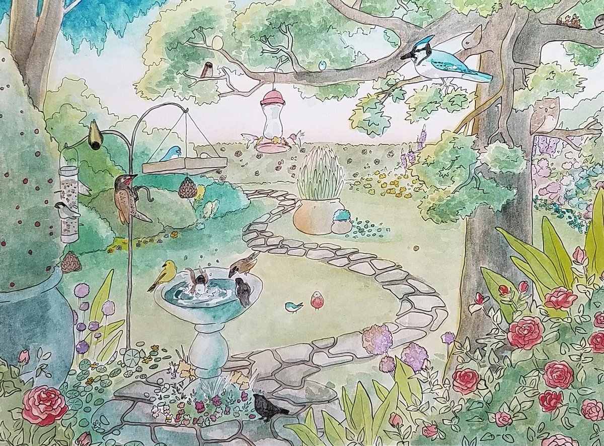 BenevolentSlice's tweet photo. #birds in a garden #Watercolor commission painting for Jonee! 🐤🌼🌿 https://t.co/Xebf3We3Ne