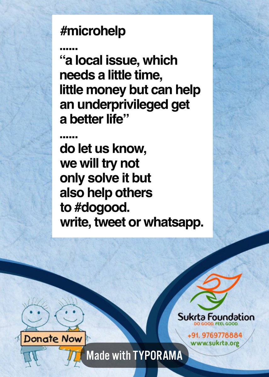vikaspgoel's tweet photo. Letβs solve small issues which can be done in time and money cost of a lunch or a movie. To begin with, let us know the problem, we @thesukrta will lead by example.
#MicroHelp https://t.co/XWTfw345YF