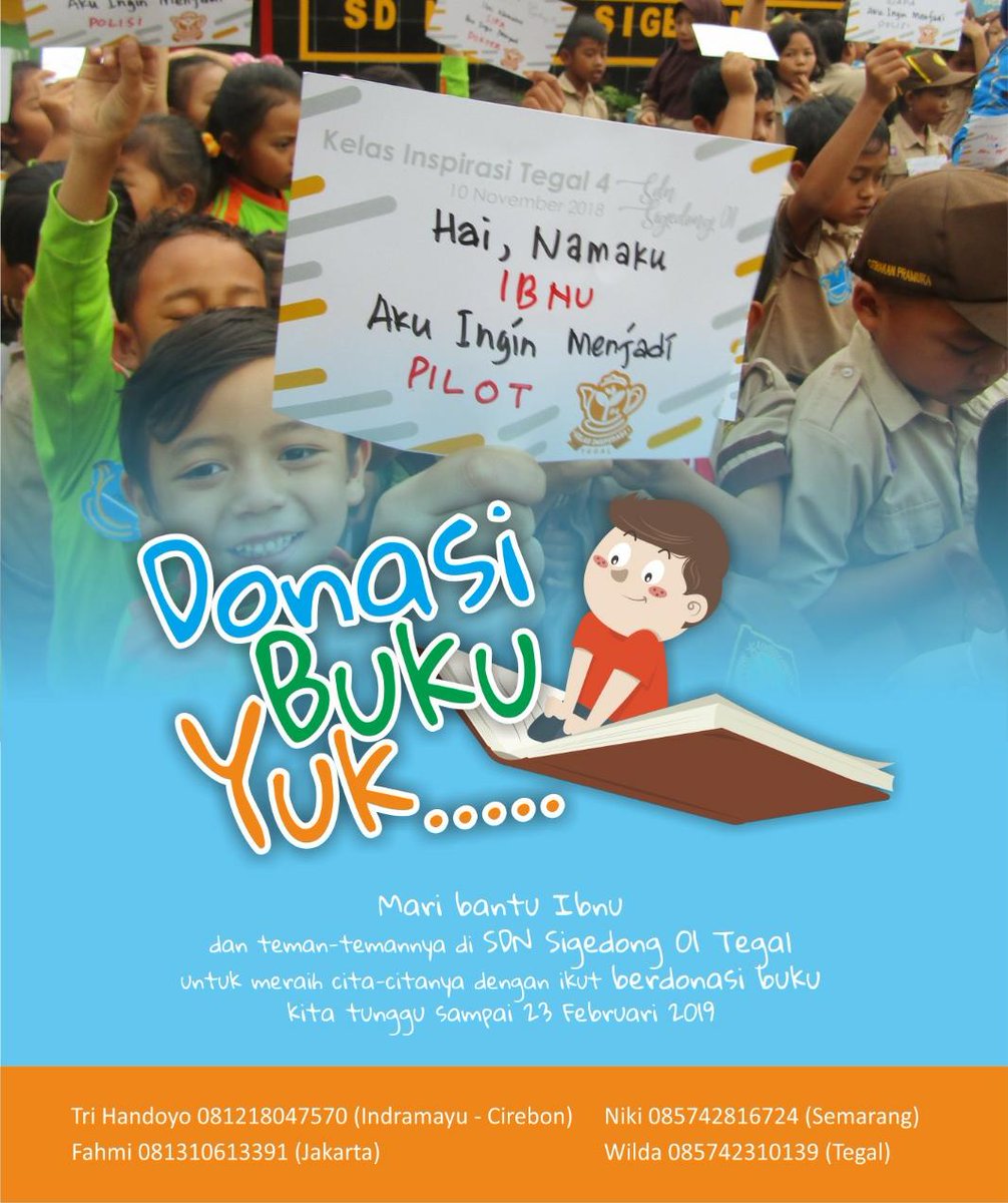 infotegal's tweet photo. Punya kelebihan rezeki? Kenapa tidak kita salurkan juga buat adik-adik kita di SDN Sigedong 01, Kec. Bumijawa, Kabupaten Tegal? Adik-adik kecil tersebut mempunyai banyak mimpi, seperti yang disampaikan saat Hari Inspirasi bulan November tahun 2018 kemarin.

#tegal #slawi https://t.co/otVEOTQftl