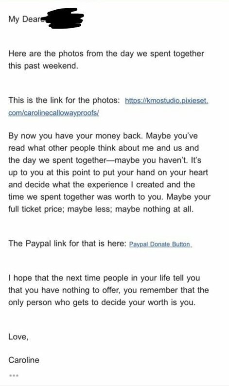 Thank you to the anonymous workshop attendee who forwarded me a copy of the email Calloway sent out wherein she is now asking the refunded fans to PayPal her.