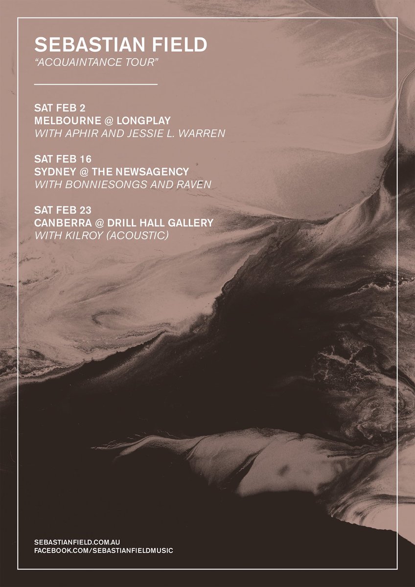 sebastianfield_'s tweet photo. Hitting the road come February, doing so to hopefully make your acquaintance. Joining me along the way will be @Aphir &amp; @jessielwarren at LongPlay in Melb, raven (@frogworth) &amp; Bonniesongs at @TheNewsagency in Syd and an acoustic Kilroy at The Drill Hall Gallery in Cbr 🌿 https://t.co/f7zyiXyYzJ