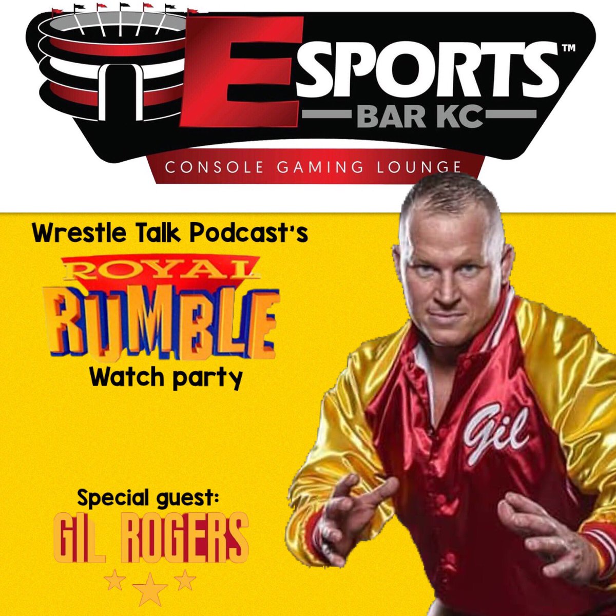 WrestleTalkCast's tweet photo. Breaking news: The uncrowned KC Champion @gilrogers_ will be meeting with fans and singing autographs at the #WTPWatchParty at @ESportsBarKC1 on Jan 27th! See you all there bay beeee! #GilsArmy #RoyalRumble #FantasyWrestling #BuffetClub #WTP #KansasCity https://t.co/dZfvVqC6vF