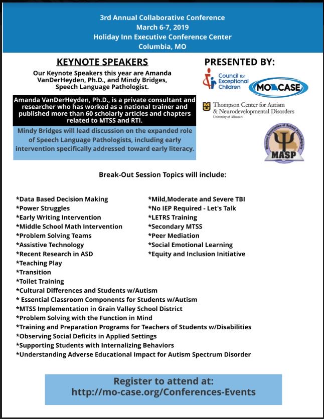 MOSchoolPsych's tweet photo. Registration for our 3rd Annual Collaborative Conference is now open at https://t.co/ZxNykEQaHu. 
Date: March 6-7, 2019
Location: Holiday Inn, Columbia MO

Our keynote speaker, Amanda VanDerHeyden, PhD, is a prominent researcher and consultant in the field of MTSS and RTI! https://t.co/TDppe6iQqo