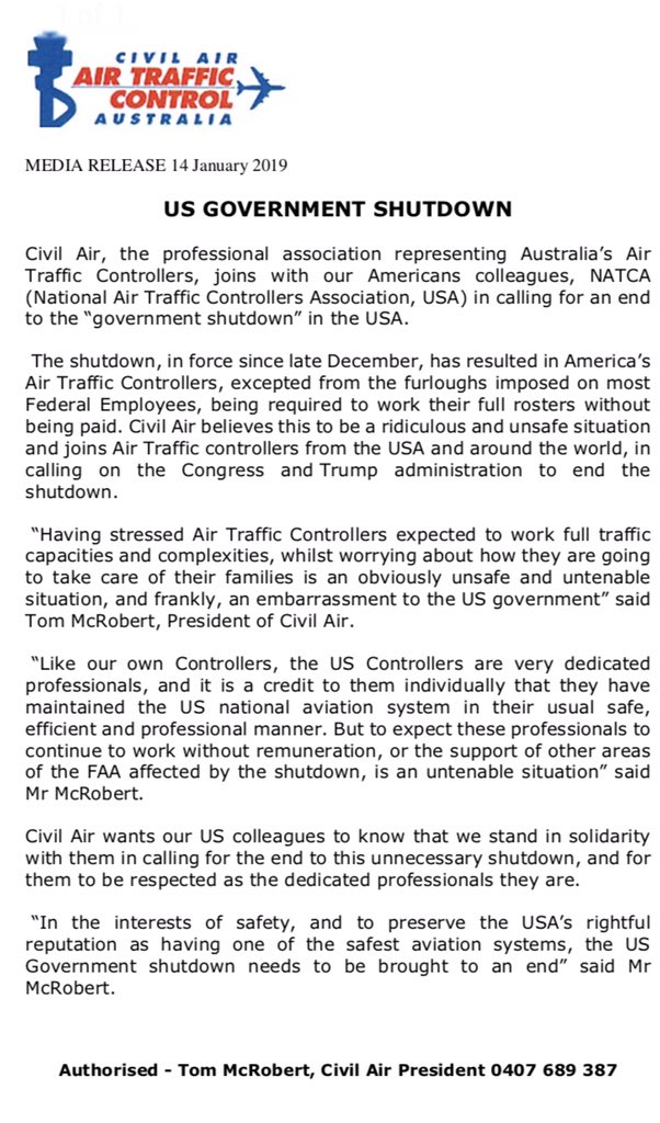 Civil Air has issued this press release in support of our NATCA colleagues in the USA, who currently working are without pay due the ‘government shut down’.
To the NATCA Controllers, we want you to know that we stand in solidarity throughout this madness!