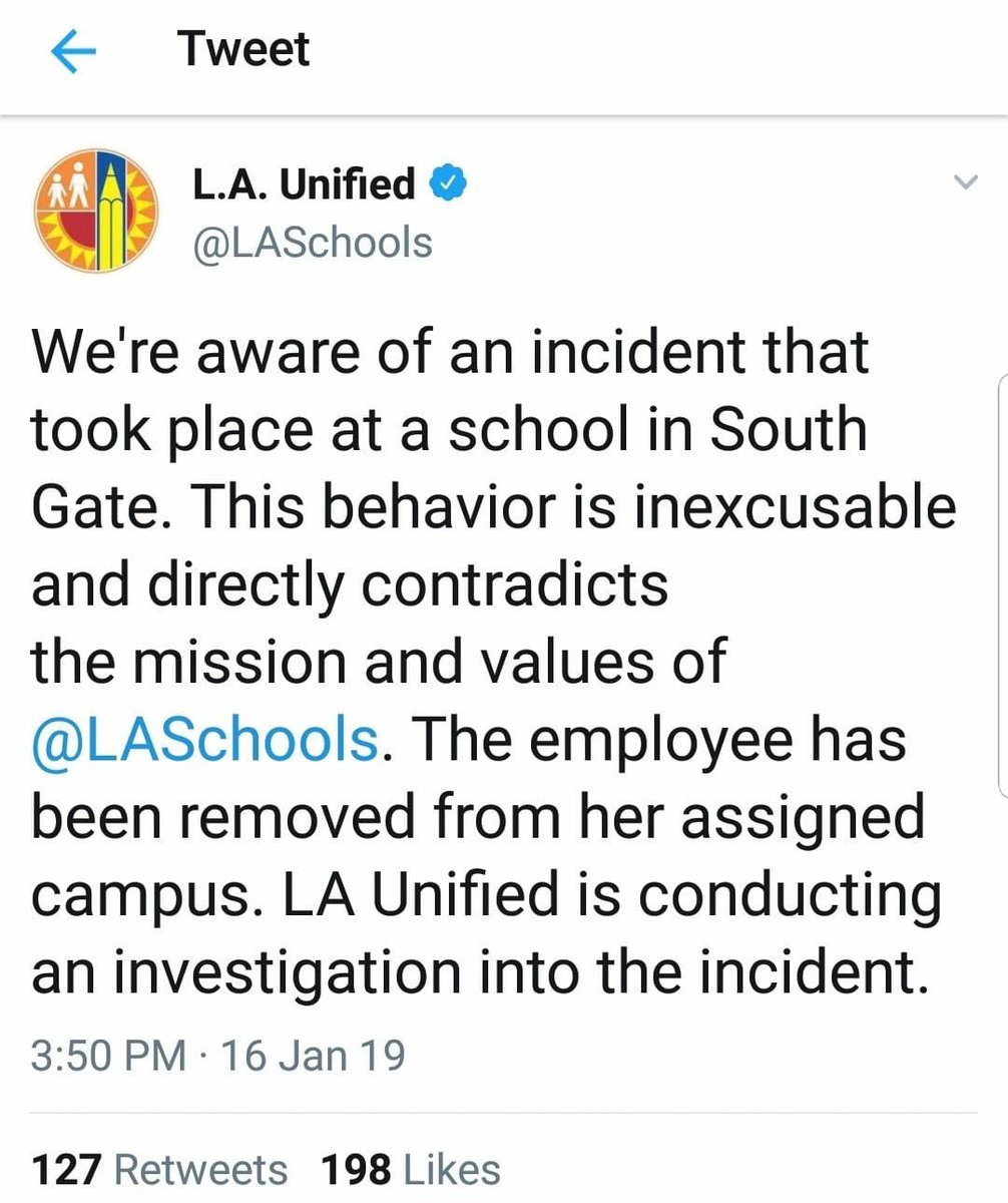 LACountyLeaks's tweet image. @LASchools official response for the Annette Arvizu incident. They know they won’t discipline this #racist. All they’ll do is “reassign” her to another school.  They’ve covered up for admin in the past, so nothing will change. #sweptundertherug  @UTLAnow @BuzzFeed @reddit