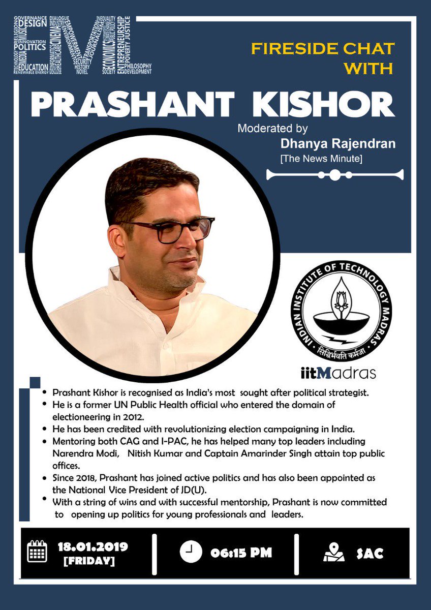 office_of_PK's tweet photo. Catch Prashant Kishor talk on 'Youth in Politics: Changing Landscape of Indian Politics' with @dhanyarajendran at @iitmadras on January 19.
आईआईटी मद्रास में प्रशांत किशोर करेंगे युवाओं को संबोधित। 'राजनीति में युवाओं की भागीदारी' विषय पर करेंगे चर्चा।
#JoinPKTeam https://t.co/pEW3IST4or