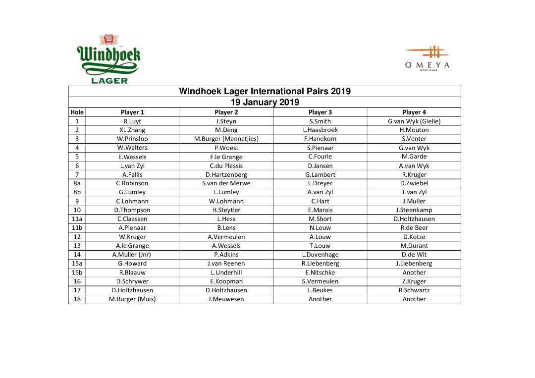 OmeyaGolfNam's tweet photo. The times are confirmed and the players are ready to go... We are very excited to be getting 2019 underway with the Windhoek Lager International Pairs!

Good luck to all the participants... May the best team win🏌🏼🏌🏽‍♀️
#WLIPSA #OmeyaSettingThePace https://t.co/pTPGDDUWEv