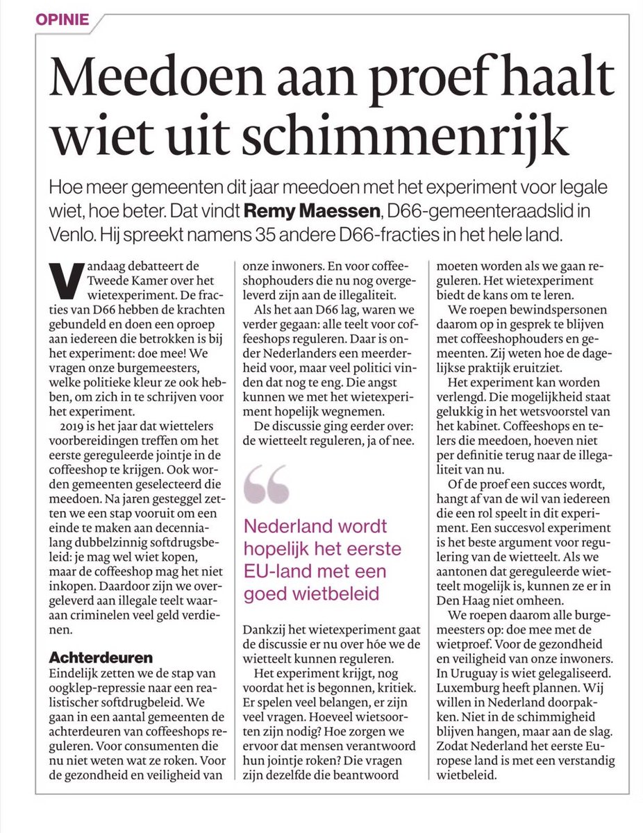Kijk😁, dat is straks lekker aan het debat beginnen! Veel lokale steun voor #wietproef #wietexperiment. Vandaag in <a href="/ADnl/">AD.nl</a>, opiniestuk namens veel <a href="/D66/">D66</a> collega’s.