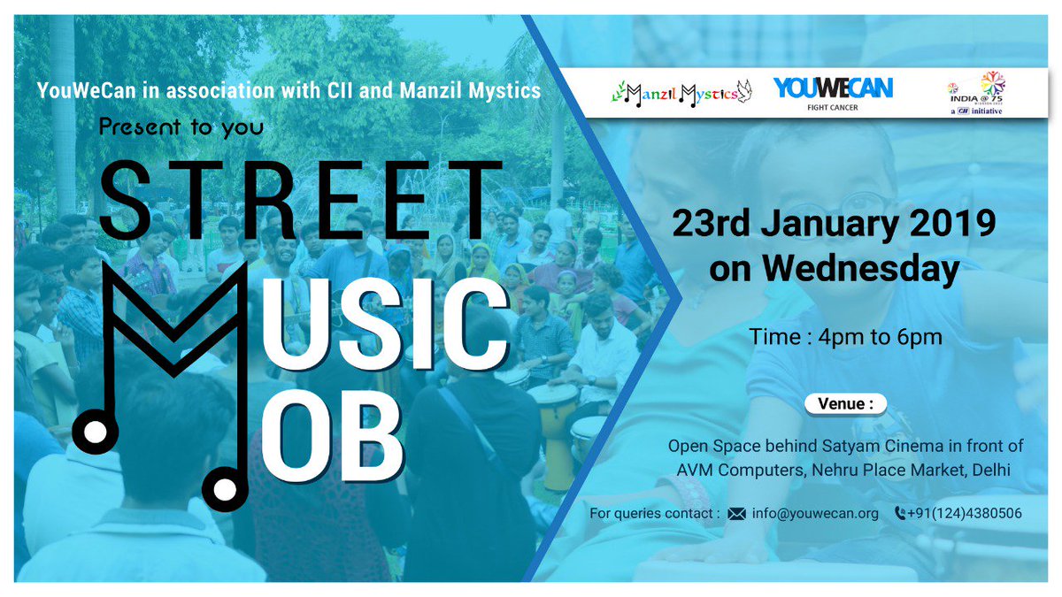 YOUWECAN's tweet photo. Come join us as we spread awareness on cancer through song and dance on the streets of Delhi.

@YUVSTRONG12  @hazelkeech 
#Youwecan #togetherwecan #CancerAwareness #MusicMob https://t.co/gZyxVJZz63