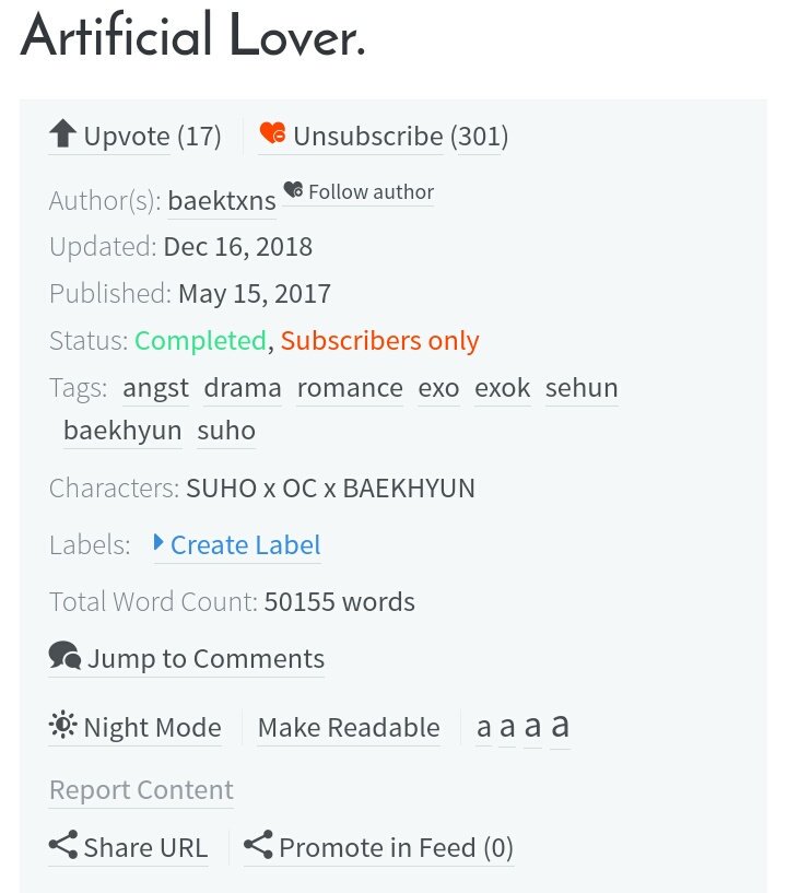 Artificial LoveCompletedDrama, angstJunmyeon x OC x BaekhyunIdk how to deacribe this story  https://www.asianfanfics.com/story/view/1251203/artificial-lover-angst-drama-romance-exo-exok-sehun-baekhyun-suho