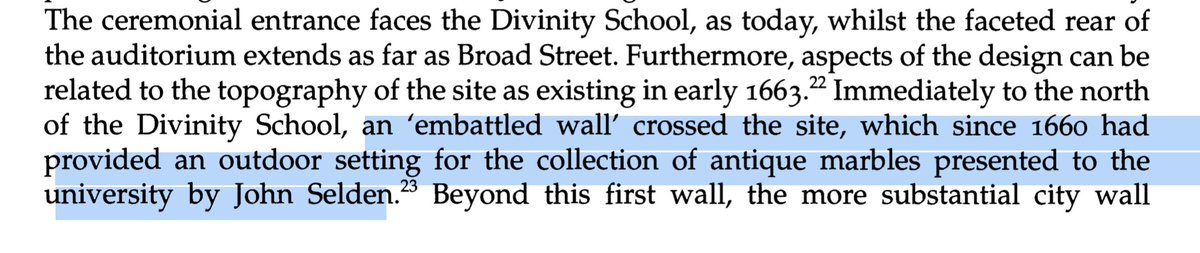 This paper by Anthony Geraghty describes the Selden Marbles as installed in 1660 in a wall next to Divinity School/old  @AshmoleanMuseum, now  @HSMOxford.Do  @bodleianlibs, Ashmolean or  @SheldonianOxUni have any images of this or the "Garden of Antiquities"?  https://www.jstor.org/stable/pdf/1568785