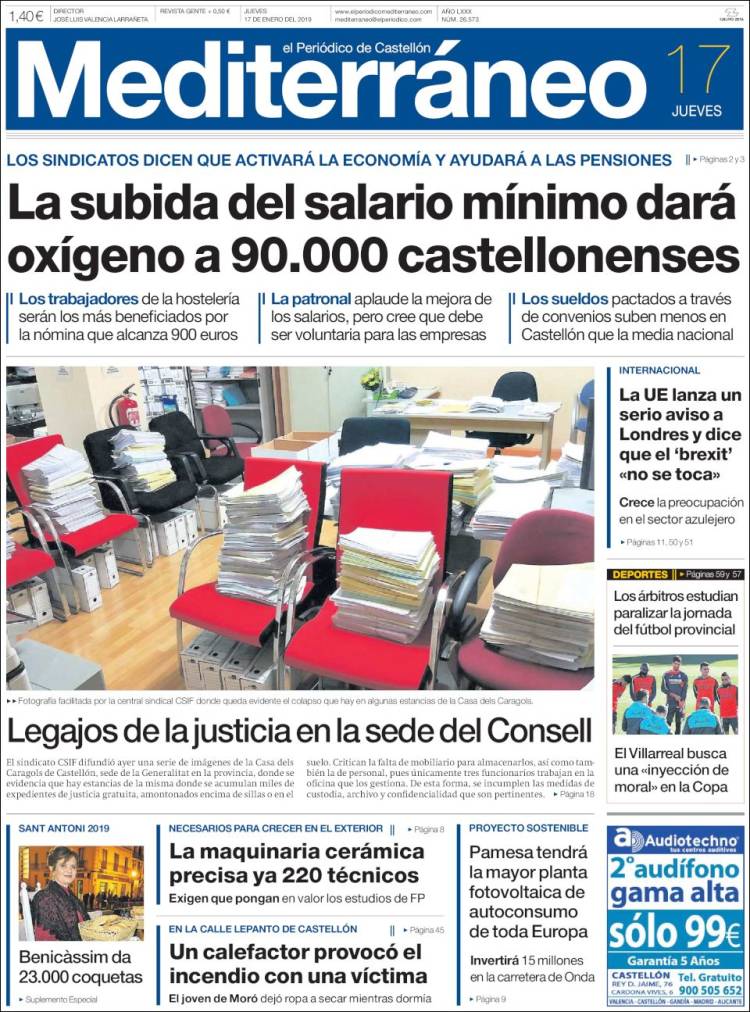 ximogorriz's tweet photo. Hoy jueves 17 en las #portadasdeCastellón, #salariomínimo #Brexit @sanchezcastejon #A7 @GVAjusticia @generalitat #Benicàssim @Asebec_Spain #sucesos @pamesaceramica @VillarrealCF #CEIPSoleriGodes @ajalmassora #Magdalena2019 @fomentogob #AP7 @ajborriana @AjuntCastello #Alzheimer https://t.co/DlbcjwXlBH