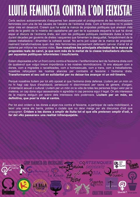 🔴 LLUITA FEMINISTA 

Les dones ens organitzem contra el feixisme! ✊ 
#NoPassaran
#FeministesAntifeixistes