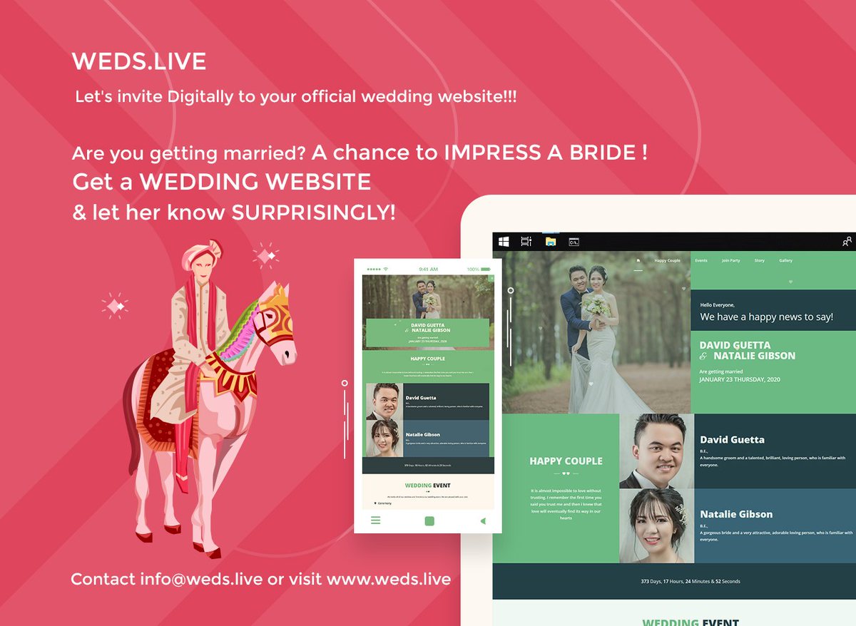 WedsLive's tweet image. Are you getting married? A chance to impress a Bride, get a wedding website &amp;amp; let her know surprisingly!
Weds.live offering wedding website just 500/- for 3 months. Contact us info@weds.live