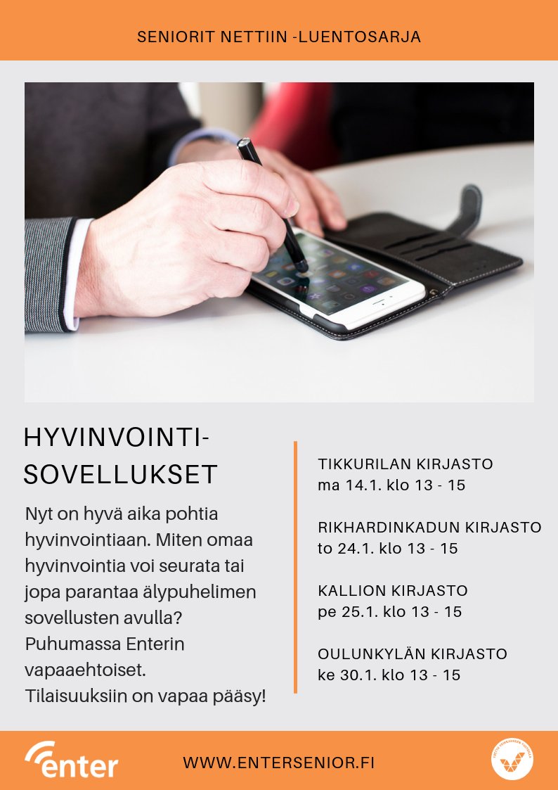 TEKNOhanke's tweet photo. Hvyinvointisovelluksista voi löytyä apu tai motivaatio terveyden ylläpitämiseen. 🏃‍♀️📲 Nyt tarjolla tietopaketti: @entersenior järjestää Helsingissä #senoritnettiin luentosarjan aiheesta! Jos et pääse paikalle, voit opiskella myös itse: https://t.co/lgJLBaIQbM #terveysteknologia https://t.co/g8BoTuSqpE
