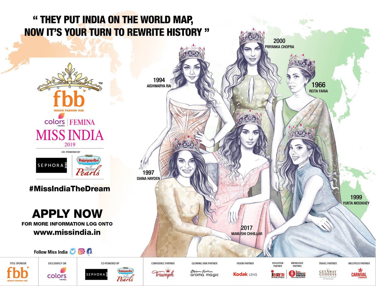ashishrsharma's tweet photo. "They put India on the world map, now it's your turn to rewrite history". #MissIndiaTheDream can be your reality! @fbb_india @ColorsTV @feminamissindia 2019, co-powered by @Sephora_India @DS_SilverPearls, Apply now https://t.co/nakA4GnOQG https://t.co/nfpoxYzDvK