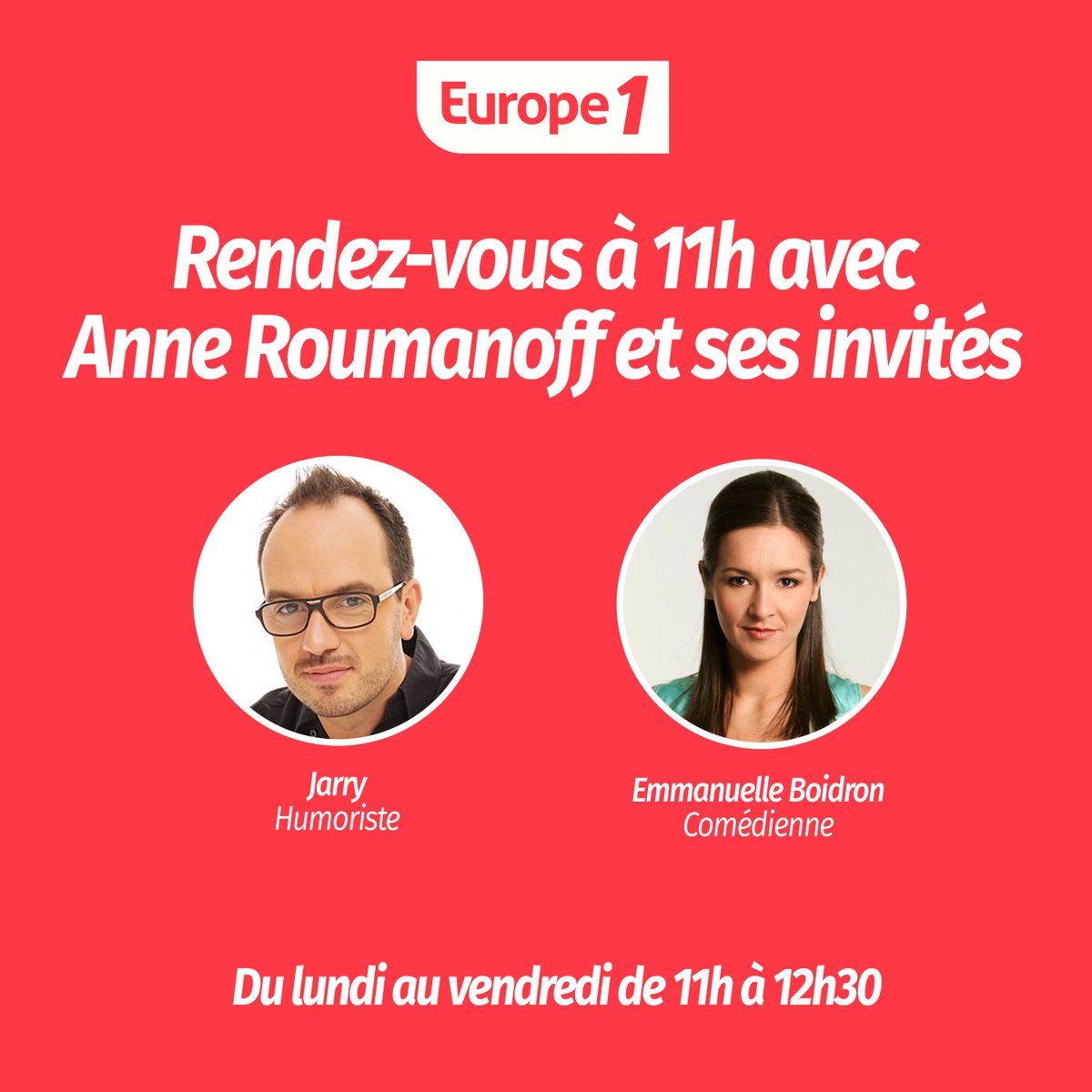 De 11h à 12h30, vous avez rendez-vous avec <a href="/anne_roumanoff/">Anne Roumanoff</a> et ses invités !
👉 <a href="/JarryAtypique/">Jarry</a> 
👉 <a href="/BoidronEmma/">Emmanuelle  Boidron</a> 

Rejoignez-nous sur europe1.fr/direct-video et réagissez avec #europe1 !