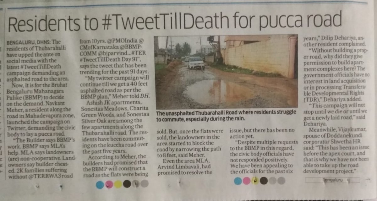 TERRWA3's tweet image. #ThubarahalliExtendedRoad coverage in @DeccanHerald on 16th Jan 2019. Special thanks to @madhuri195 for the covering the pains of thousands of resindents.  @navkant  @WFRising @bjparvind @Swetha_HVijay  deccanherald.com/city/residents…