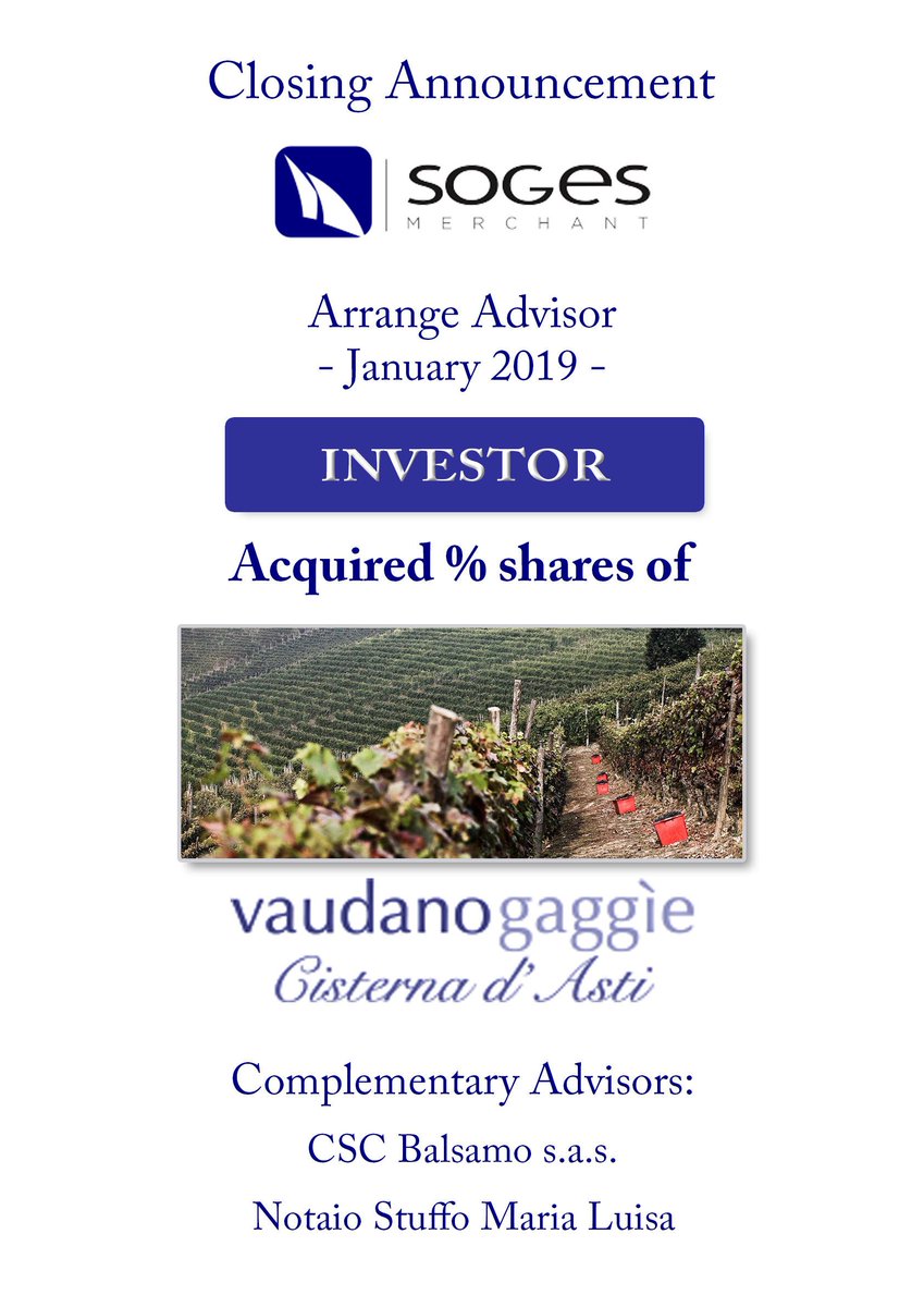 SogesSpa's tweet photo. We are pleased to announce another #closing advised by SOGES Merchant. Raise up your glasses! #sogesmerchant https://t.co/3o9cwl6Eum