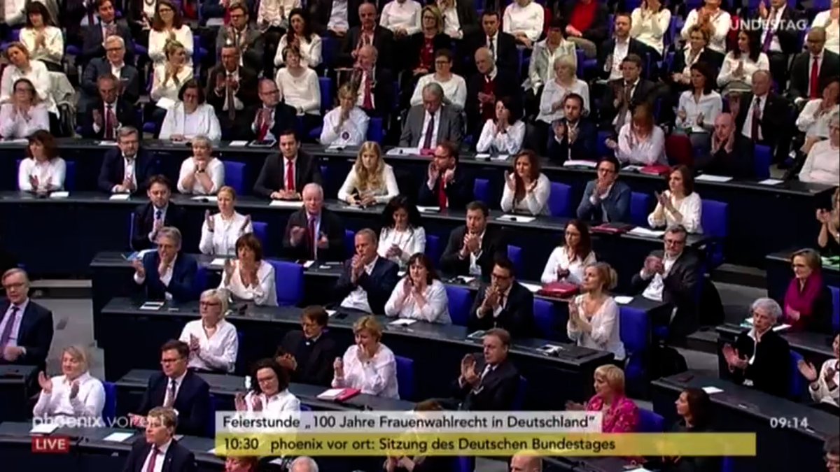 spdbt's tweet photo. Vor 100 Jahren trugen Frauen in der Nationalversammlung weiße Kleidung, Ausdruck der neuen Vielfalt im Parlament. Diese Symbolik greifen die Frauen der @spdbt heute in der Feierstunde #100JahreFrauenwahlrecht wieder auf. Unser Ziel bleibt: 50% Frauen im #Bundestag. https://t.co/9KSAe5XcdH