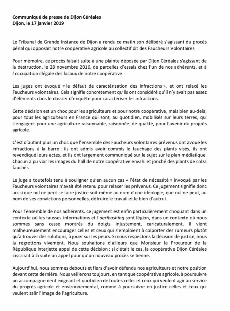 Ci-dessous, le communiqué de presse de notre coopérative suite à la décision de justice relative au procès dit des Faucheurs Volontaires. Pour toute demande presse > <a href="/agence24/">Agence Vingt-Quatre</a>