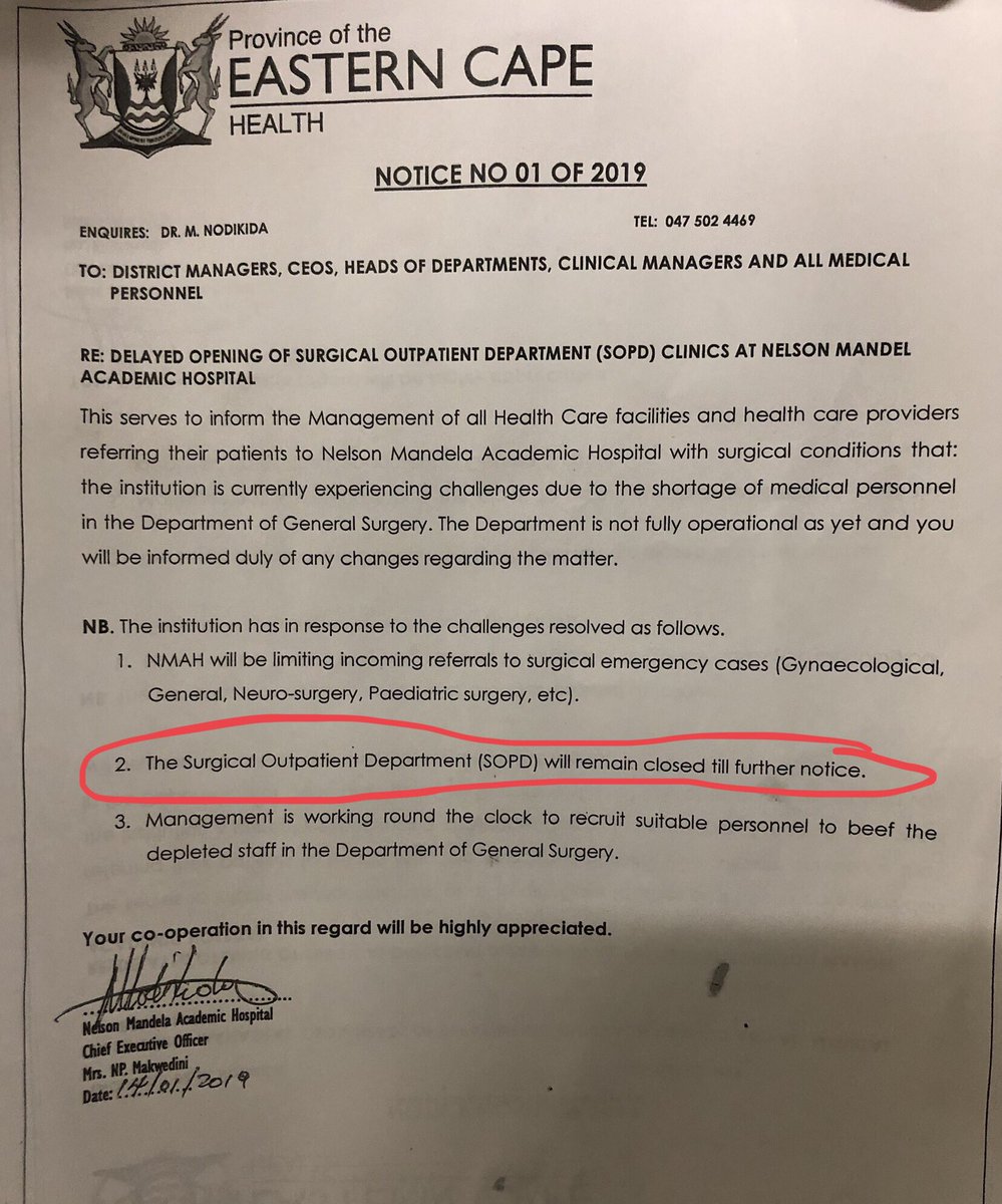 drjamesporter's tweet photo. Our tertiary, referral hospital (Nelson Mandela Academic) has closed down ALL surgical out-patient departments until further notice! Is the Department of Health even aware of this? #ServiceDeliveryFail @HealthZA @ygpillay @RHAPnews @SECTION27news https://t.co/4onBELCcTA