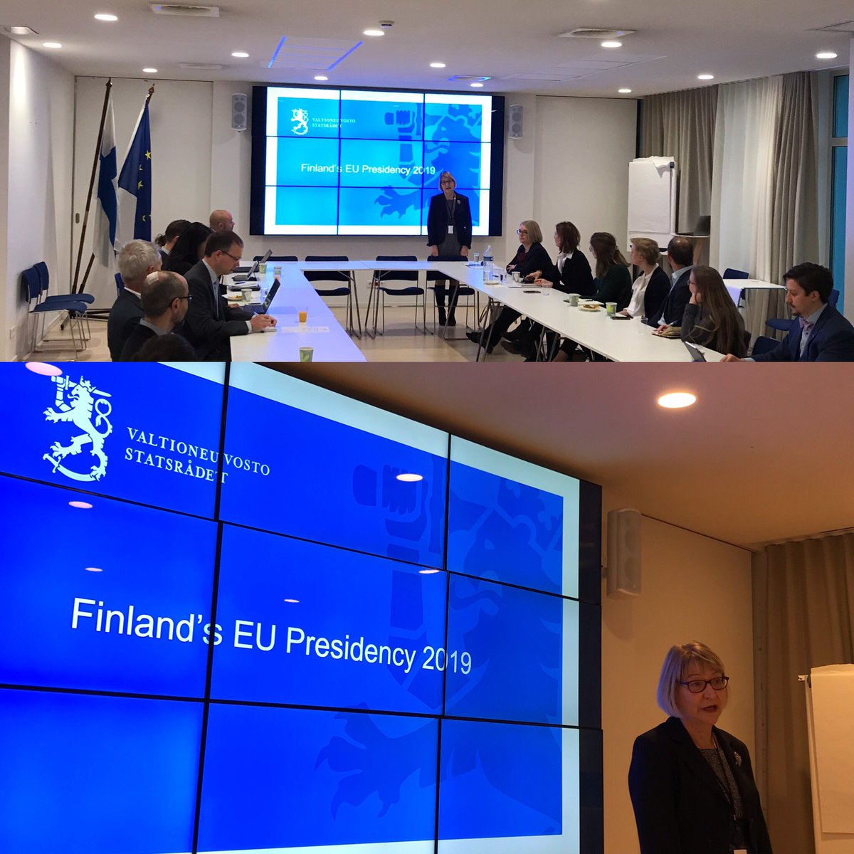 Preparations for the Finnish Presidency of the @EUCouncil starting on July 1st are in full swing; Permanent Representative @MarjaRislakki, @Kivimakim, @HannaLeht briefing Brussels-based think tanks about our plans @FinPermRepEU this morning. 🇫🇮🇪🇺 – at Permanent Representation of Finland to the EU