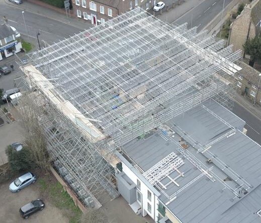 A birds eye view of our temporary roof taking shape. Massive thanks to don@vrscaffold for his new design saddle clamps. They have made this project so much easier. #earlsscaffoldingltd #scaffoldmadeeasier.