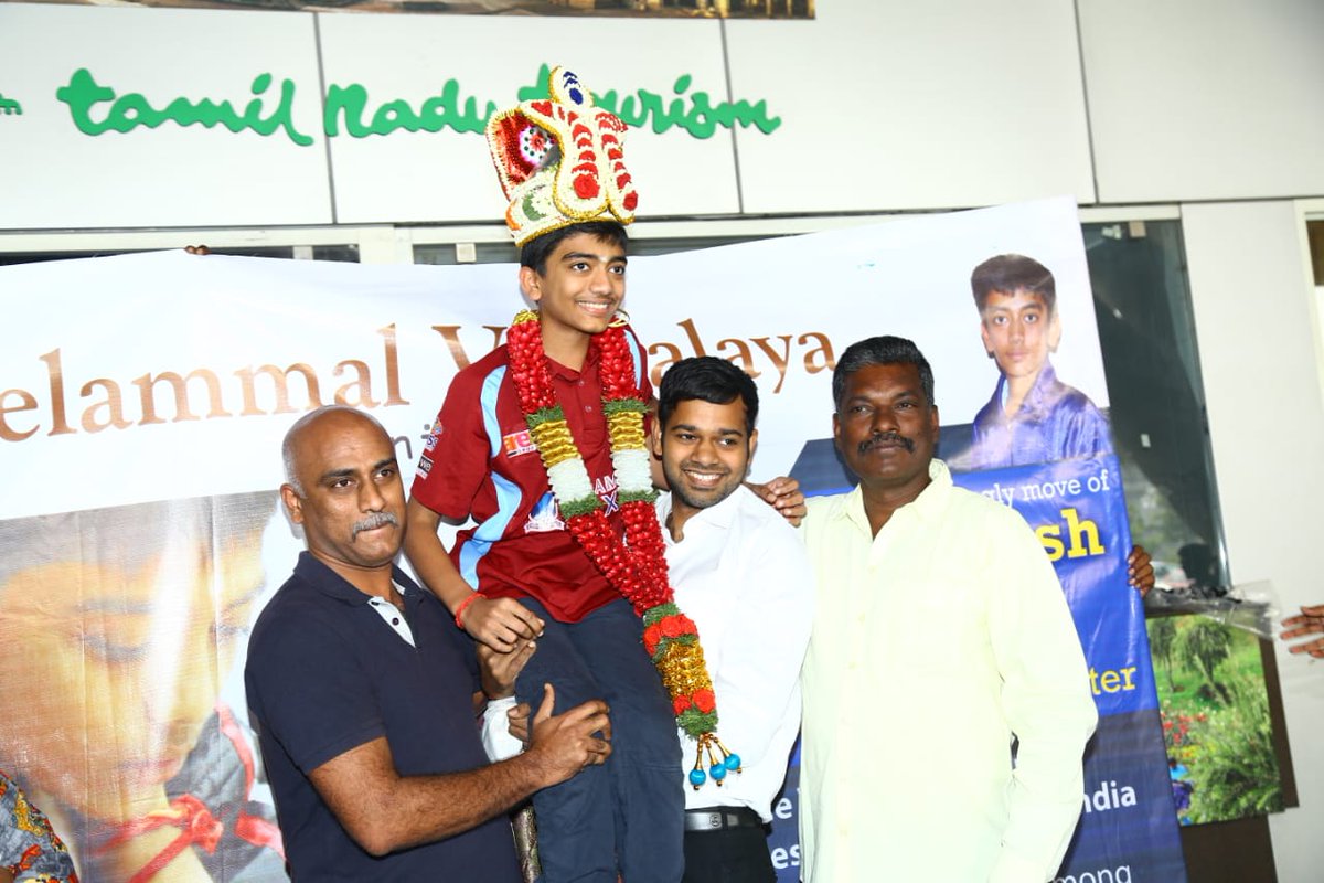 ChessbaseIndia's tweet photo. And that's how you welcome India's youngest GM when he comes back to his hometown in Chennai! https://t.co/CjFotMYfBH