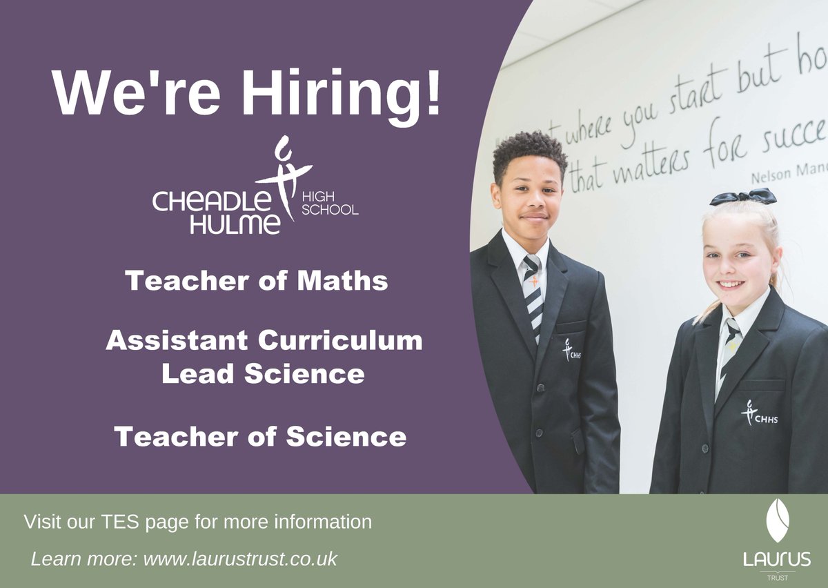CheadleHulmeHS's tweet photo. Calling all #teachers, we're hiring! @CheadleHulmeHS is looking for talented maths and science teachers to join our #outstanding team. We'd love to hear from you so click here for more information. https://t.co/Ipnx8UupM0
#teachingvacancyuk #teachingjobs #jobsincheadlehulme https://t.co/Af3FIt3KT7