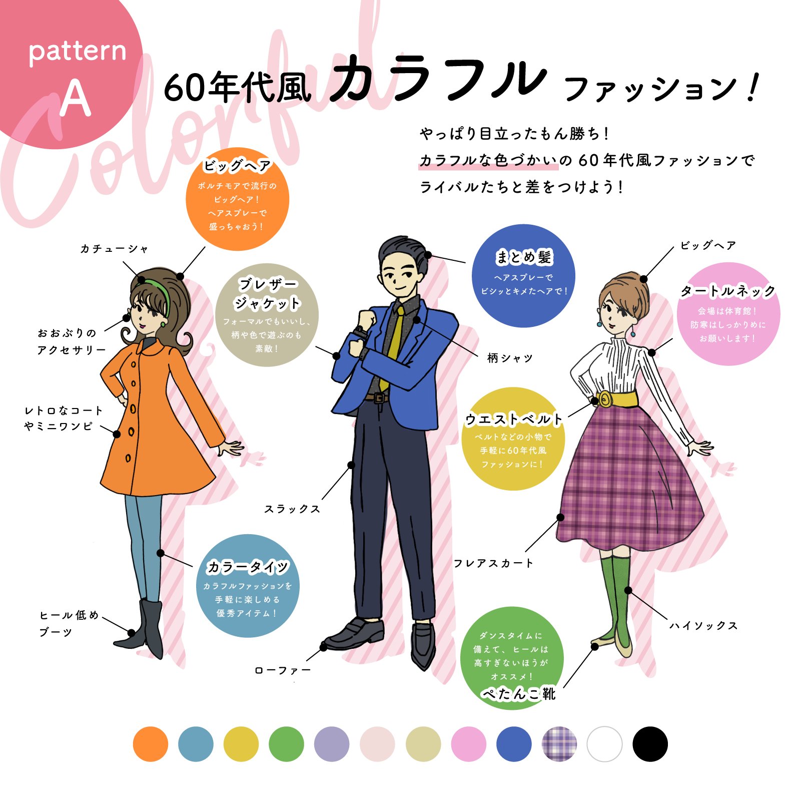 Role Playing Cinema 12 21 火 開催決定 当日のドレスコードは 60年代アメリカ風 Rpc のドレスコード 60年代アメリカ風 の参考イラストを公開 手持ちの服にウエストベルトやカラータイツなどの小物をプラスして カラフルな色使いでライバル達