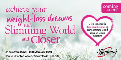 SlimmingWorld's tweet photo. Take the first step towards achieving your dreams, and get closer to your #weightloss goals, with a voucher for free #SlimmingWorld membership in next week’s @CloserOnline! #YouCanJan https://t.co/KnrRbgrwyb