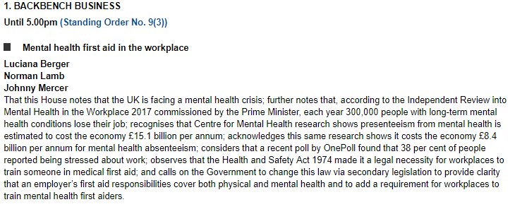 Worth tuning in today to the backbench business debate arranged by <a href="/JohnnyMercerUK/">Johnny Mercer</a> <a href="/lucianaberger/">Luciana Berger</a> <a href="/normanlamb/">Norman Lamb</a> on #MentalHealth - thank you for highlighting such an important issue!  👓parliamentlive.tv (<a href="/MatesInMind/">Mates In Mind</a> <a href="/BritSafe/">BritishSafetyCouncil</a>)