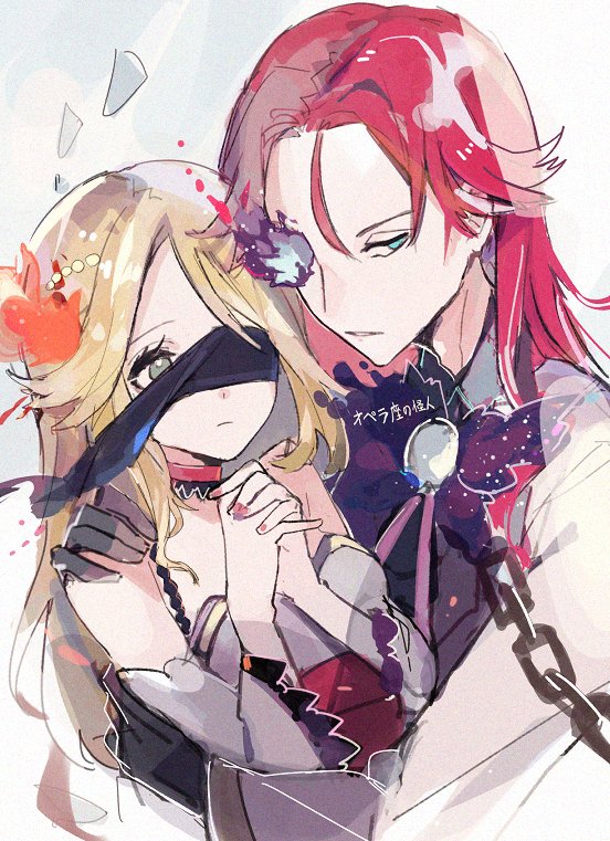 1girl 1boy blonde hair long hair own hands together red hair eyepatch  illustration images