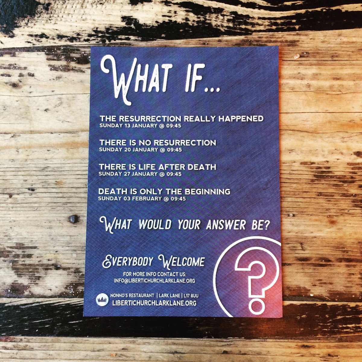 The resurrection of Jesus stands as one of the most important events in human history. If it really happened, it changes everything. Where do you stand? You’re invited to consider these massive life questions 9.45am Sunday at Nonno’s, Lark Lane! #LarkLane #Liverpool #Jesus