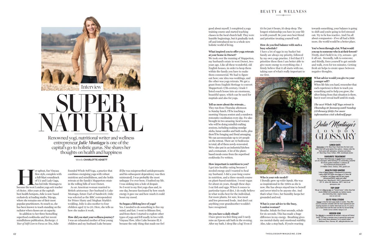 HannahBryce's tweet image. The wonderful @juliemontagu shares her thoughts on health and happiness in this month’s The Glossary Magazine 💚  #theglossary #juliemontagu #health #happiness #yoga #interview