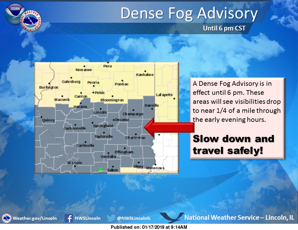 NWSLincolnIL's tweet photo. A Dense Fog Advisory is in effect for portions of Central Illinois through 6 pm. #ilwx https://t.co/1p7FKnHTdk