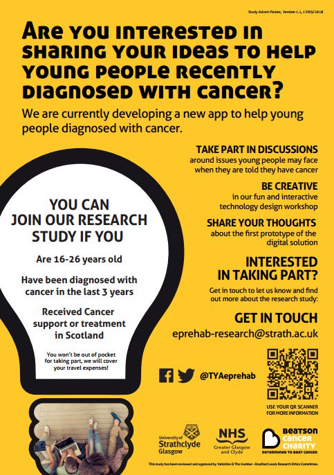TYAeprehab's tweet photo. If you're a #TYA (16-26yrs) from #Scotland and have been diagnosed with cancer, we'd love to hear from you!

Sharing your thoughts and experiences in and interview could help us develop a mobile app to support #TYA with #Cancer

📧eprehab-research@strath.ac.uk  📞07522518473 https://t.co/Wg63m0FCds